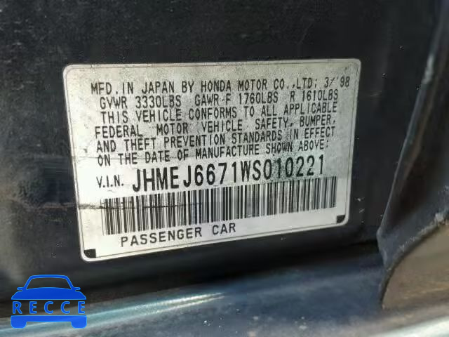 1998 HONDA CIVIC LX JHMEJ6671WS010221 image 9