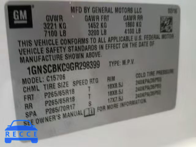 2016 CHEVROLET TAHOE LT 1GNSCBKC9GR298399 зображення 9