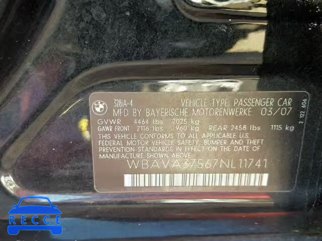 2007 BMW 328I WBAVA37567NL11741 зображення 9