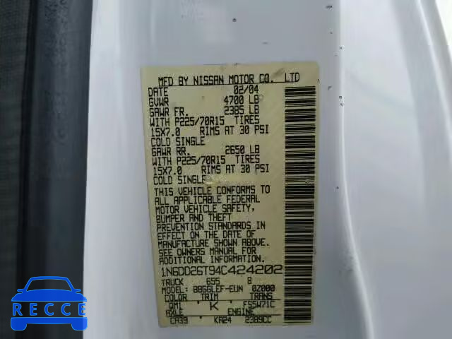 2004 NISSAN FRONTIER X 1N6DD26T94C424202 зображення 9