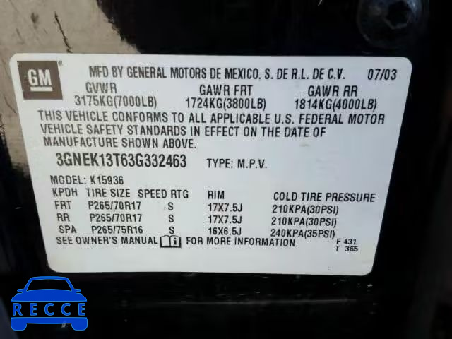 2003 CHEVROLET AVALANCHE 3GNEK13T63G332463 image 9