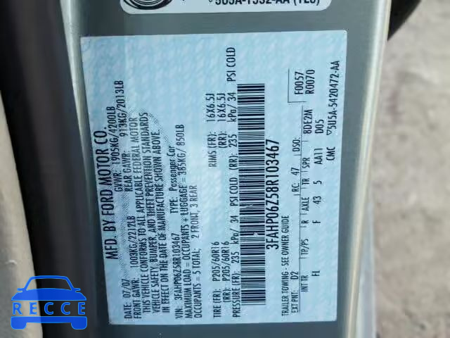 2008 FORD FUSION S 3FAHP06Z58R103467 image 9