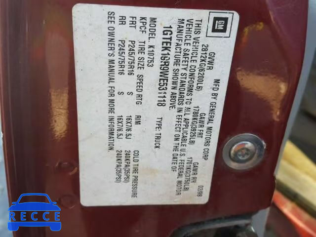 1998 GMC SIERRA K15 1GTEK19R9WE531118 image 9