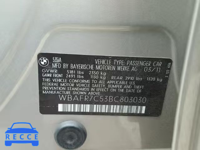 2011 BMW 535I WBAFR7C53BC803030 зображення 9