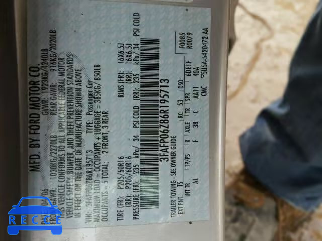 2006 FORD FUSION S 3FAFP06Z86R195713 image 9