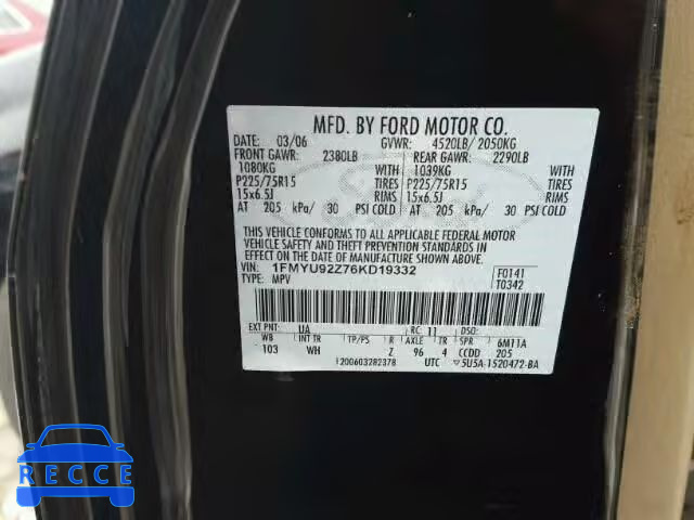 2006 FORD ESCAPE XLS 1FMYU92Z76KD19332 зображення 9