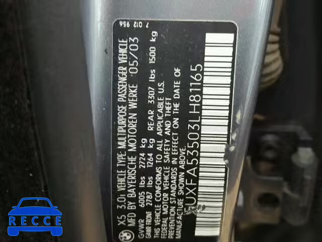 2003 BMW X5 3.0I 5UXFA53503LH81165 зображення 9