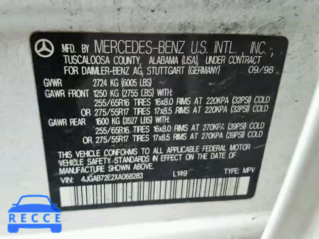 1999 MERCEDES-BENZ ML430 4JGAB72E2XA068283 Bild 9