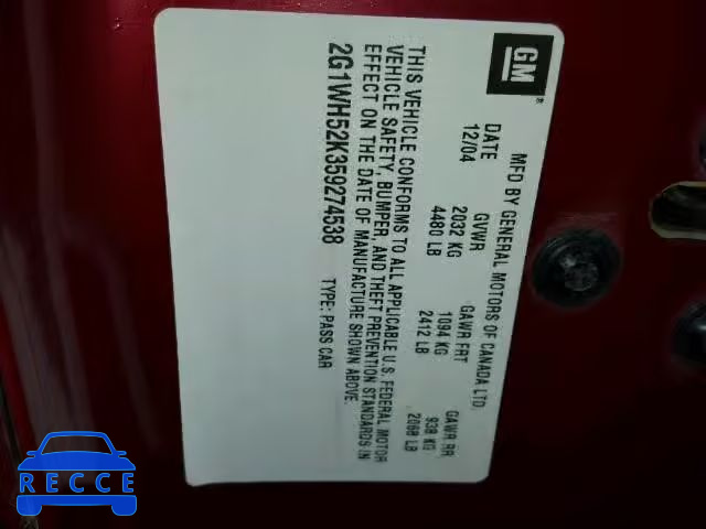 2005 CHEVROLET IMPALA LS 2G1WH52K359274538 image 9