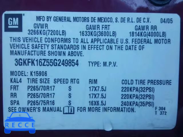 2005 GMC YUKON XL K 3GKFK16Z55G249854 image 9