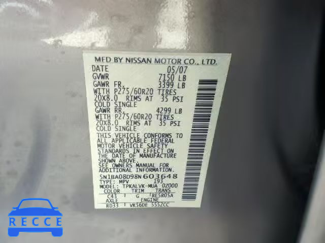 2008 NISSAN ARMADA 5N1BA08D98N603648 image 9