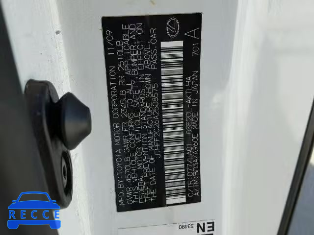 2010 LEXUS IS 250 JTHFF2C26A2508575 Bild 9