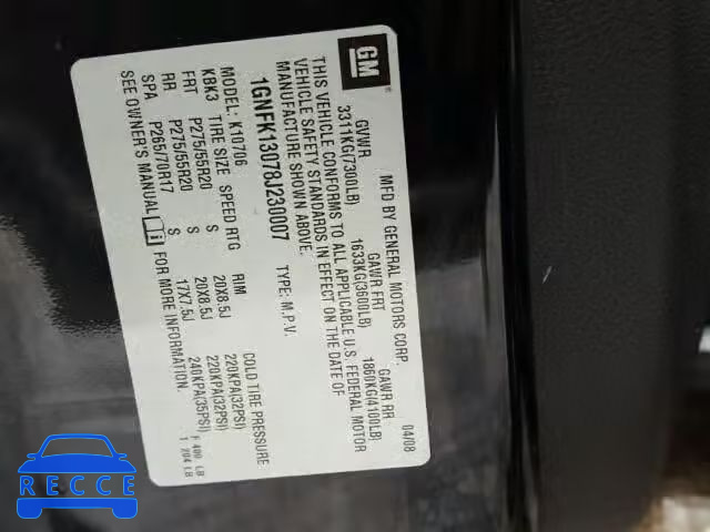 2008 CHEVROLET TAHOE K150 1GNFK13078J230007 image 9
