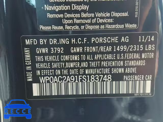 2015 PORSCHE 911 GT3 WP0AC2A91FS183748 зображення 9