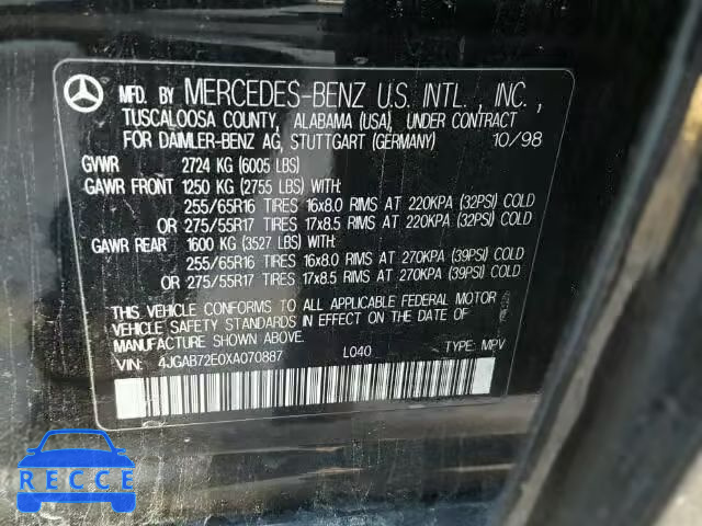 1999 MERCEDES-BENZ ML430 4JGAB72E0XA070887 зображення 9