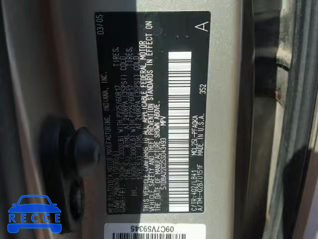 2005 TOYOTA SIENNA XLE 5TDBA22C25S043493 image 9