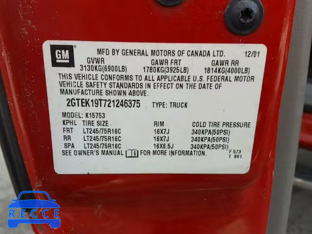 2002 GMC SIERRA K15 2GTEK19T721246375 image 9