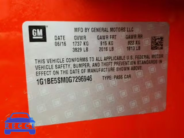 2016 CHEVROLET CRUZE LT 1G1BE5SM0G7296946 image 9