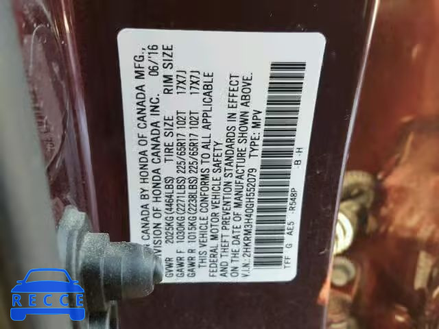 2016 HONDA CR-V SE 2HKRM3H40GH552079 зображення 9