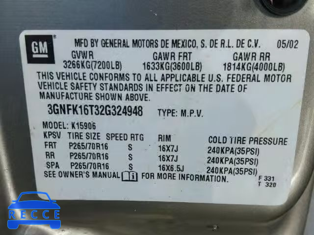 2002 CHEVROLET K1500 SUBU 3GNFK16T32G324948 image 9