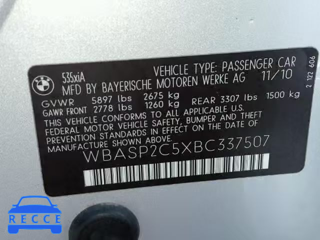 2011 BMW 535XI GT WBASP2C5XBC337507 зображення 9