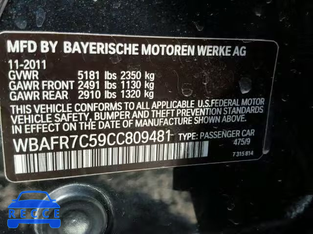 2012 BMW 535I WBAFR7C59CC809481 image 9