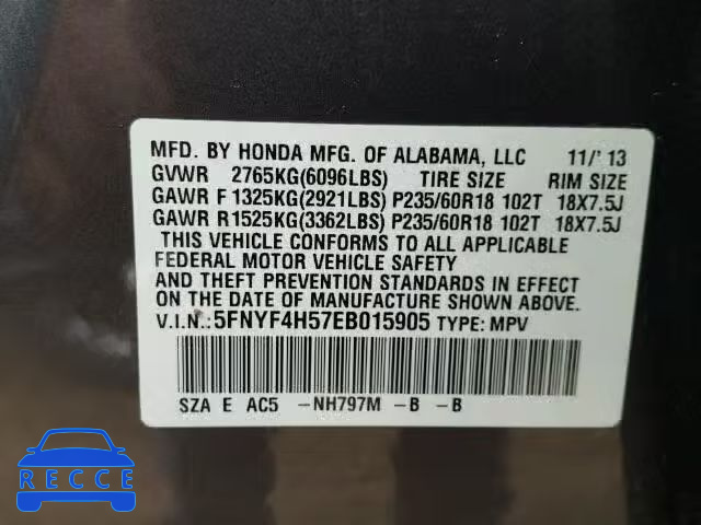 2014 HONDA PILOT EXL 5FNYF4H57EB015905 image 9
