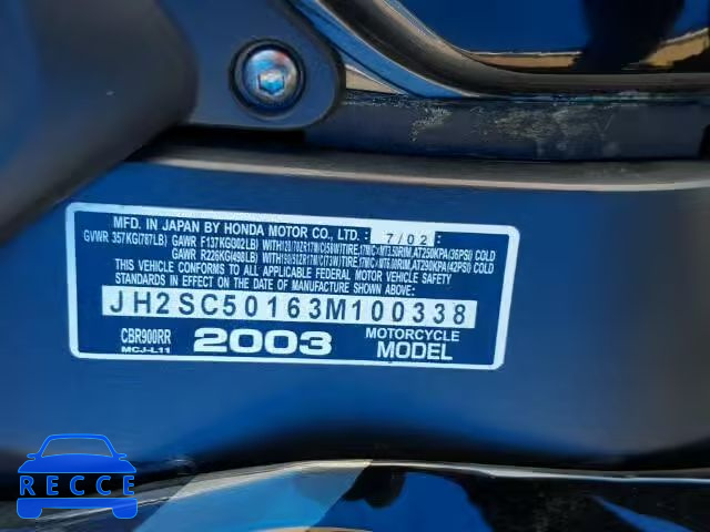 2003 HONDA CBR900RR JH2SC50163M100338 зображення 9