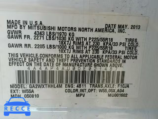2013 MITSUBISHI OUTLANDER 4A4AP4AU0DE021487 зображення 8