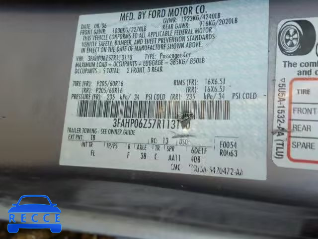 2007 FORD FUSION S 3FAHP06Z57R113110 image 9