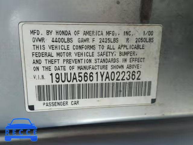 2000 ACURA 3.2 TL 19UUA5661YA022362 image 9