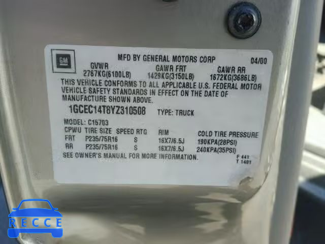 2000 CHEVROLET SILVERADO 1GCEC14T8YZ310508 image 9