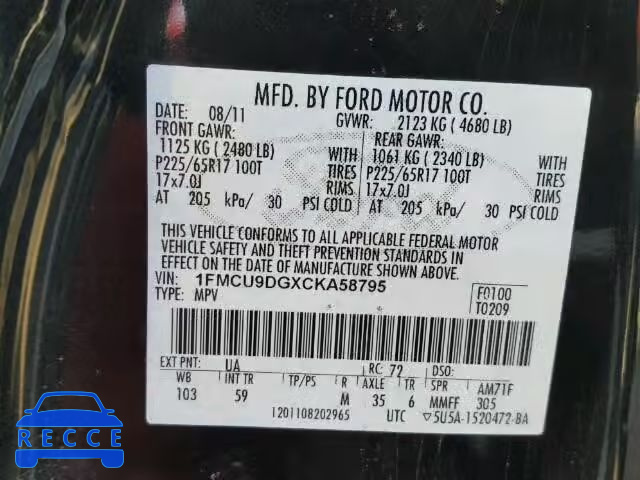 2012 FORD ESCAPE XLT 1FMCU9DGXCKA58795 image 9