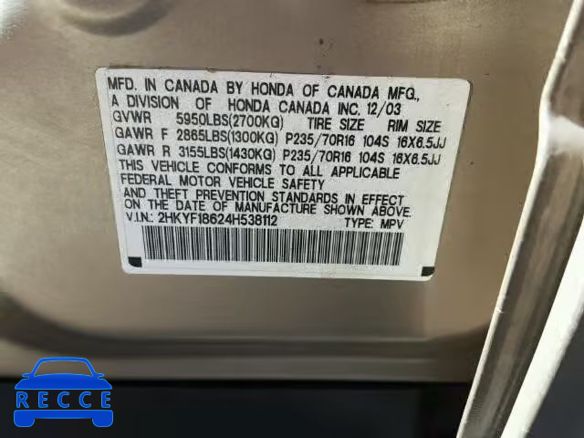 2004 HONDA PILOT EXL 2HKYF18624H538112 image 9
