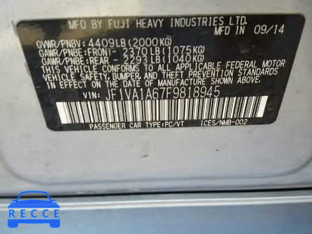 2015 SUBARU WRX JF1VA1A67F9818945 image 8