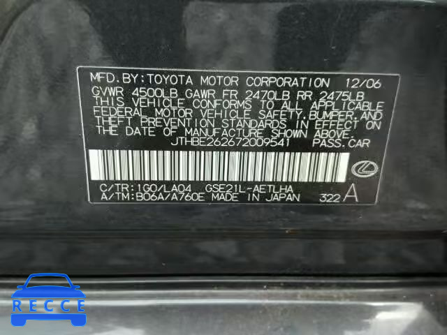 2007 LEXUS IS350 JTHBE262672009541 Bild 9