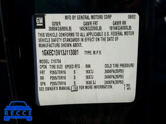 2003 GMC YUKON 1GKEC13V13J113081 image 8