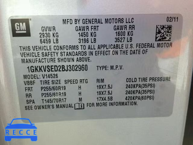 2011 GMC ACADIA SLT 1GKKVSED2BJ302960 image 9