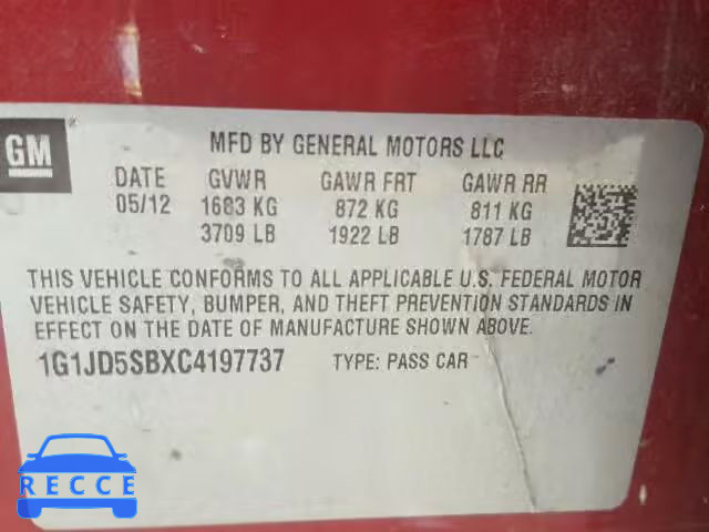 2012 CHEVROLET SONIC LT 1G1JD5SBXC4197737 image 8