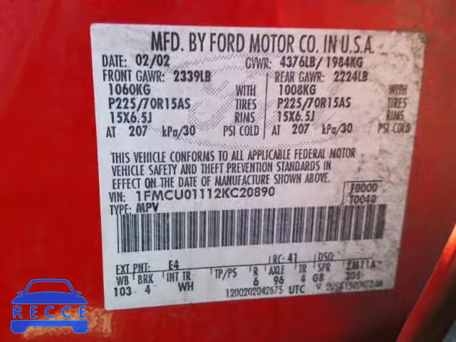 2002 FORD ESCAPE XLS 1FMCU01112KC20890 image 9