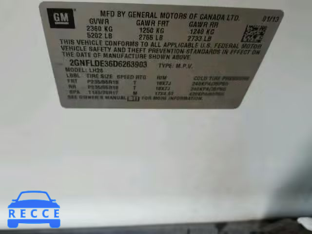 2013 CHEVROLET EQUINOX LT 2GNFLDE36D6263903 Bild 9