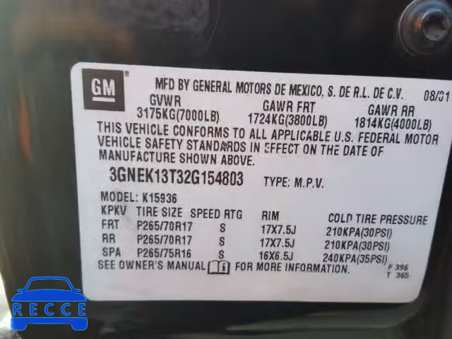 2002 CHEVROLET AVALANCHE 3GNEK13T32G154803 image 9