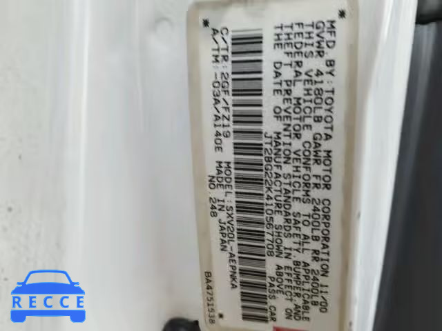 2001 TOYOTA CAMRY CE/L JT2BG22K410567708 зображення 8