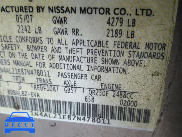 2007 NISSAN ALTIMA 2.5 1N4AL21E87N478011 image 8