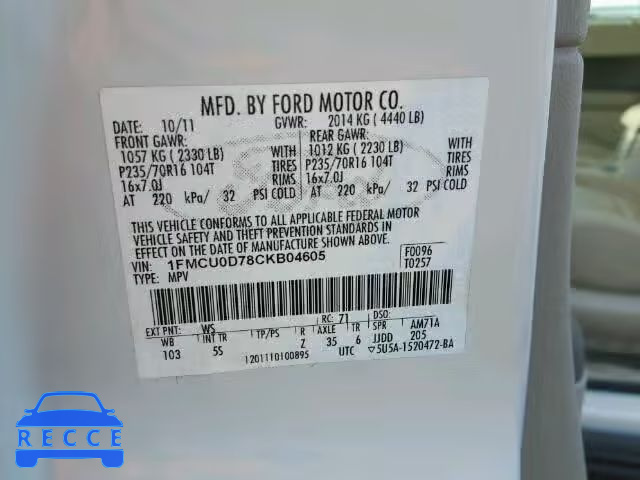 2012 FORD ESCAPE XLT 1FMCU0D78CKB04605 image 9