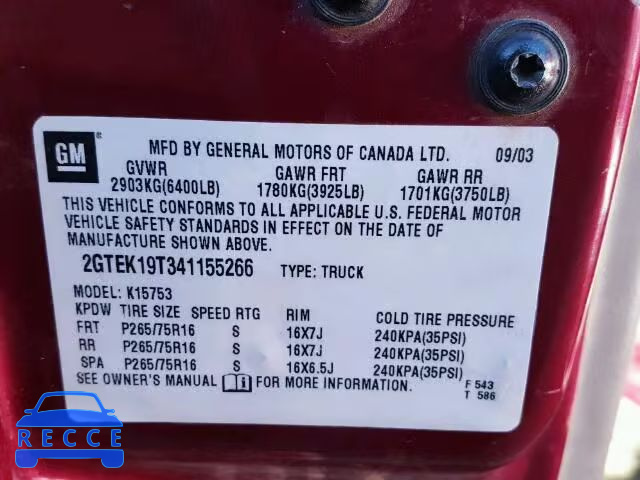 2004 GMC SIERRA K15 2GTEK19T341155266 image 9