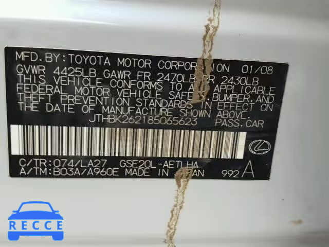 2008 LEXUS IS 250 JTHBK262185065623 Bild 9