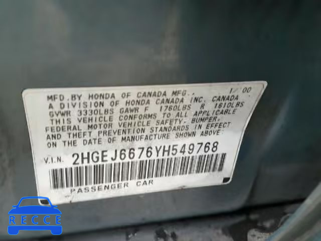 2000 HONDA CIVIC LX 2HGEJ6676YH549768 image 9