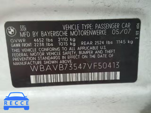 2007 BMW 335I WBAVB73547VF50413 зображення 9