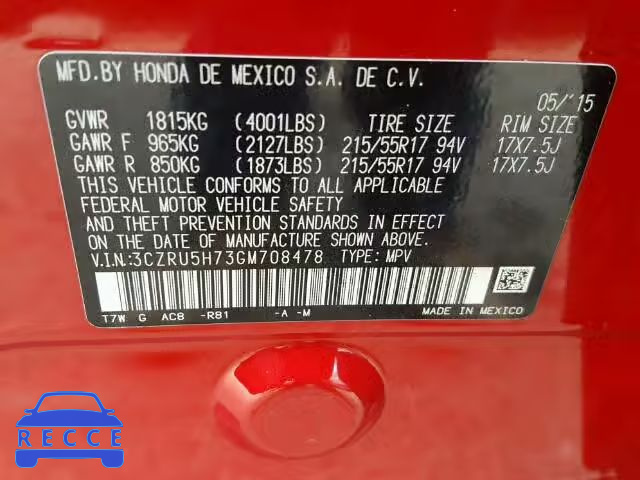 2016 HONDA HR-V EX/EX 3CZRU5H73GM708478 image 9
